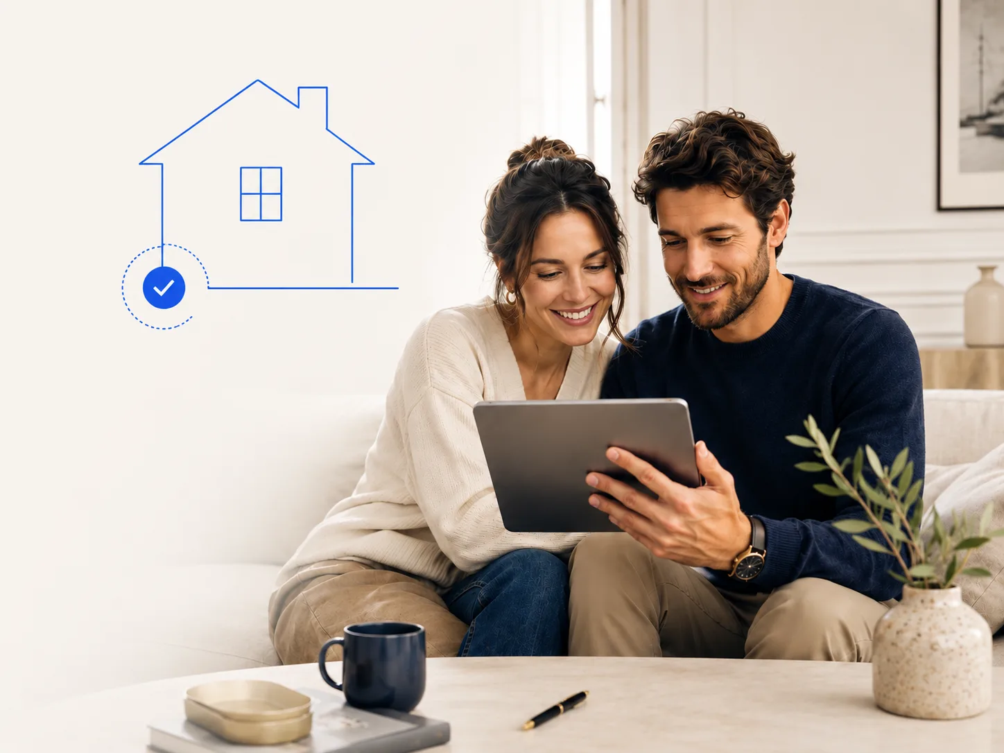 Un couple souriant consulte sa capacité de financement Keria sur une tablette, avec le repère d'une maison certifiée